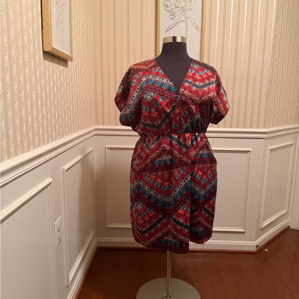 Fashion to Figure Red Multicolor Geometric V-Neck Dress